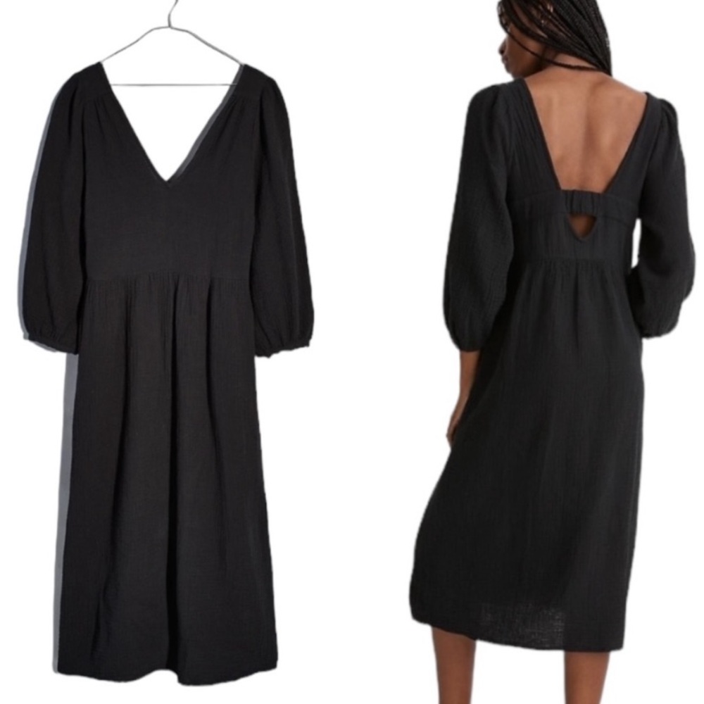 EUC Madewell Black Lightspun V-neck Cutout Gauze Midi Dress‎ Xsmall